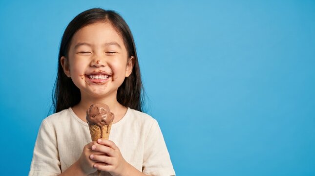 Happy little Asian girl with a messy chocolate face holding an ice cream cone on a blue background
