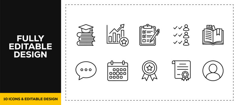 flat vector illustration line art icon bundle set design focusing on academic education graduation diploma book learning and school graphics for e-learning application