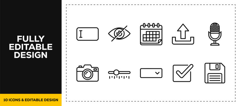 flat vector illustration line art icon bundle set design featuring camera photography shutter lens focus flash and picture taking graphics for multimedia applications