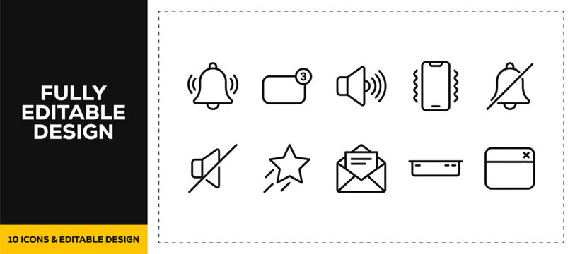 flat vector illustration line art icon bundle set design displaying notification alerts bell alarm mute sound and speaker volume controls for mobile application design