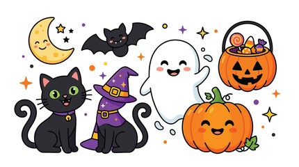 Fototapeta premium Cute Halloween characters with moon and stars during a festive celebration vector illustration