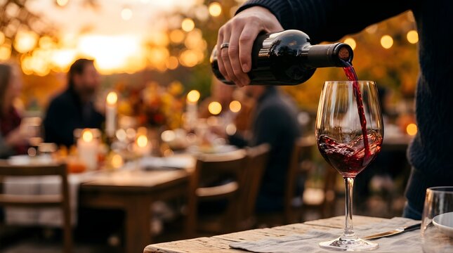 Hand pouring red wine into glass at outdoor dinner party during sunset