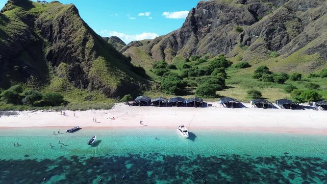 Aerial 4K Drone Footage Pink Beach Padar Island Komodo Indonesia Rare Pink Sand