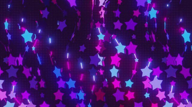 Futuristic abstract wall with glowing geometric stars. Seamless VJ loop of a rhythmic digital structure and pattern, creative motion background for electronic music festivals and stage displays.