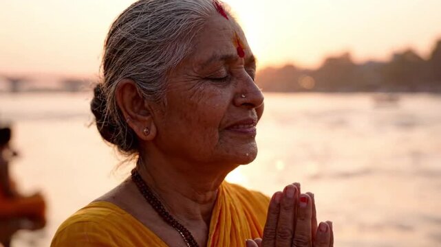 Senior Indian woman praying with folded hands by the holy river during Chhath Puja at sunrise