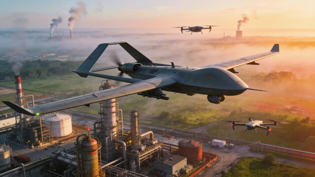 Military drones flying above an industrial refinery, representing unmanned aerial technology, surveillance, defense, and critical infrastructure monitoring.