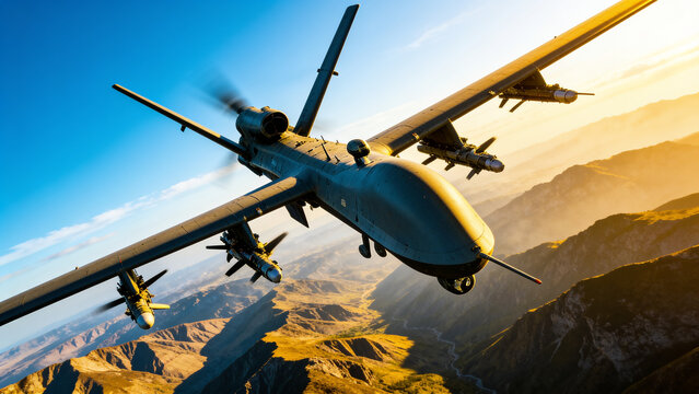 Military combat drones flying in formation over mountainous terrain, representing unmanned aerial warfare, defense technology, surveillance, and modern military operations.