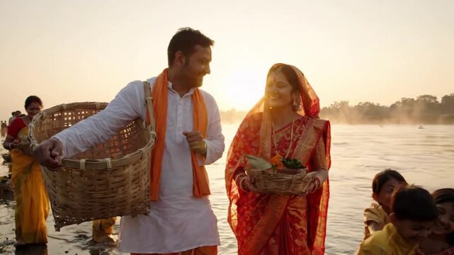 Happy Indian couple carrying traditional offering baskets by the river during Chhath Puja festival at sunrise