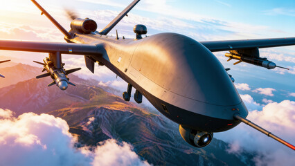 Fototapeta premium Military combat drones flying in formation over mountainous terrain, representing unmanned aerial warfare, defense technology, surveillance, and modern military operations.