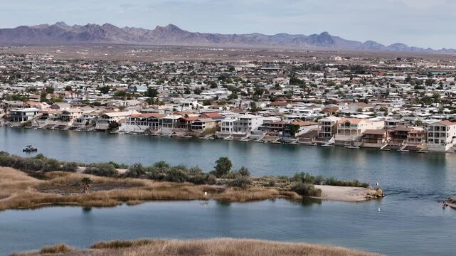 Drone Shot of Laughlin Nevada USA and Big Bend of Colorado River, Buildings and Landscape