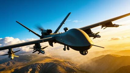 Fototapeta premium Military combat drones flying in formation over mountainous terrain, representing unmanned aerial warfare, defense technology, surveillance, and modern military operations.