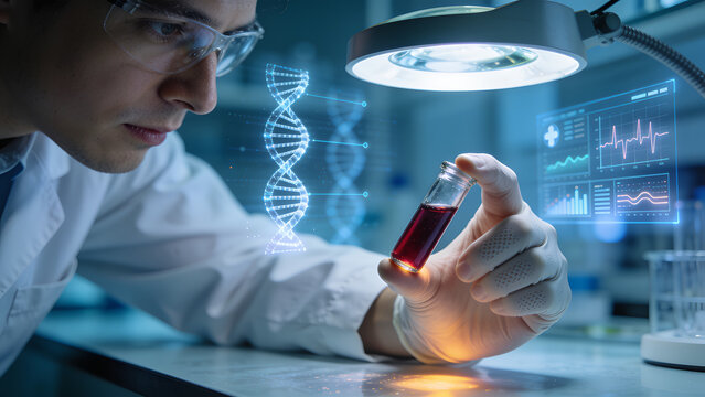 Scientist examining a blood sample test tube in a high-tech laboratory, representing medical diagnostics, biotechnology, genetic research, and precision medicine.