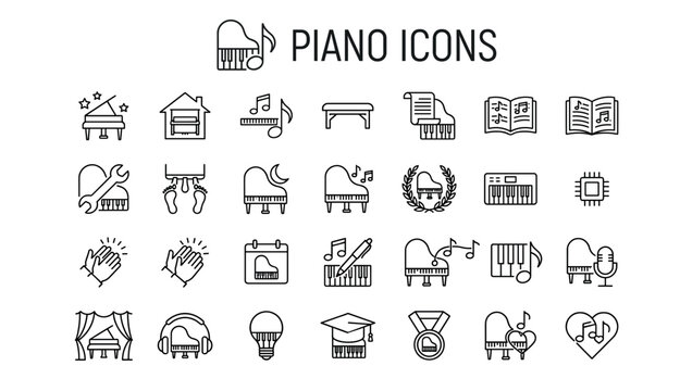 Piano icons collection featuring musical instruments, notes, keyboard, performance gear, and accessories. Linear style vector graphics for music education, design, and concert themes.