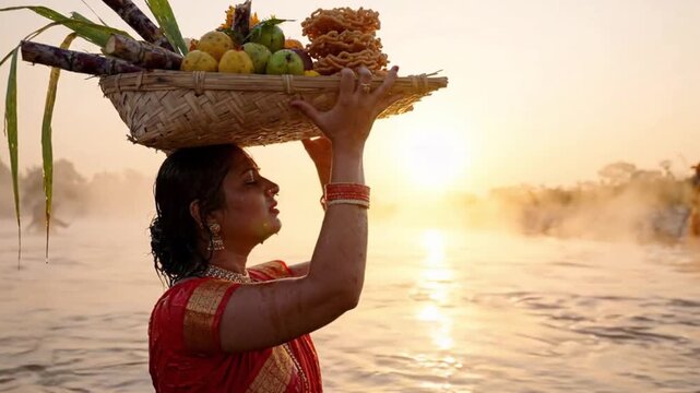 Indian woman holding traditional Chhath Puja offering basket on head in river at sunrise