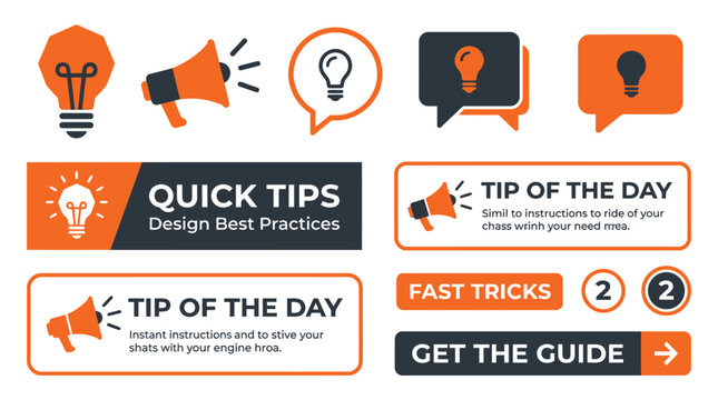 Professional vector graphic set featuring orange and black icons for quick tips and daily advice