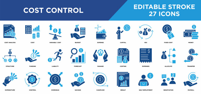 Cost control solid icons set withcost analysis, cost, variable cost, budget, expense, capital, roi, fixed cost concepts. Editable stroke vector collection.