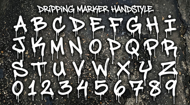 Dripping marker handstyle graffiti alphabet and numbers set with a street art aesthetic on a textured background