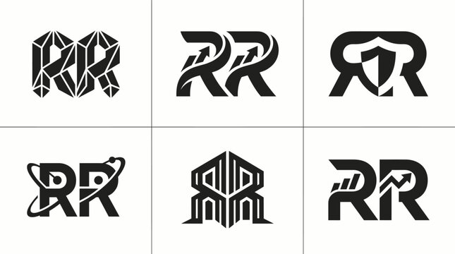 Collection of six distinct RR letter logo designs showcasing creative typography and modern aesthetics.