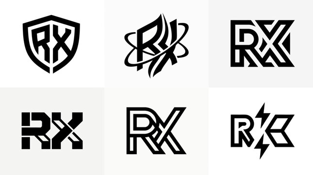 Collection of six distinct RX letter logo designs in black and white.