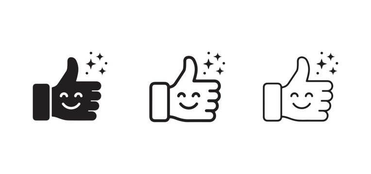 Thumbs up icons with sparkles in different styles for approval and feedback concepts  various hand gestures with smiling faces
