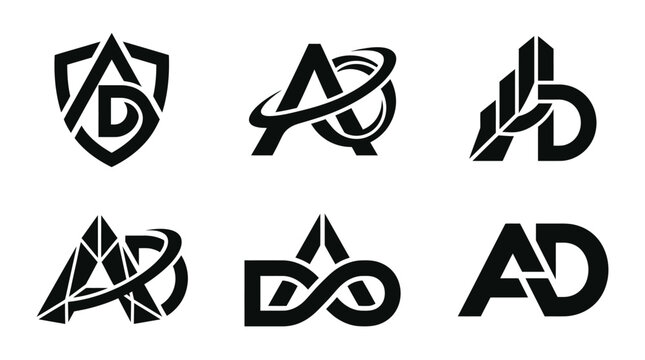 Collection of Six Unique AD Monogram Logos in Black and White.
