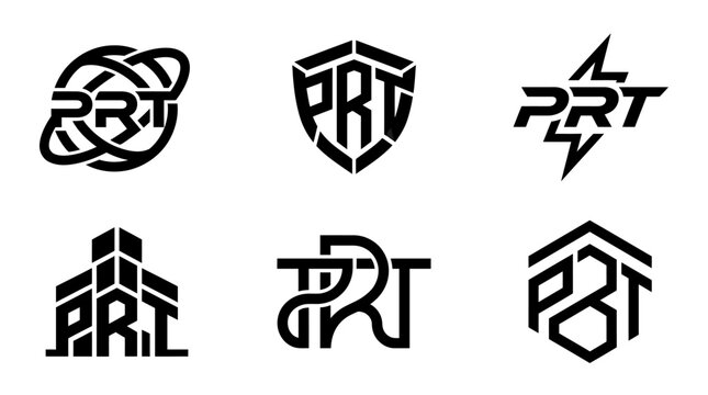 Set of six unique PRT letter logos in various modern and abstract designs.
