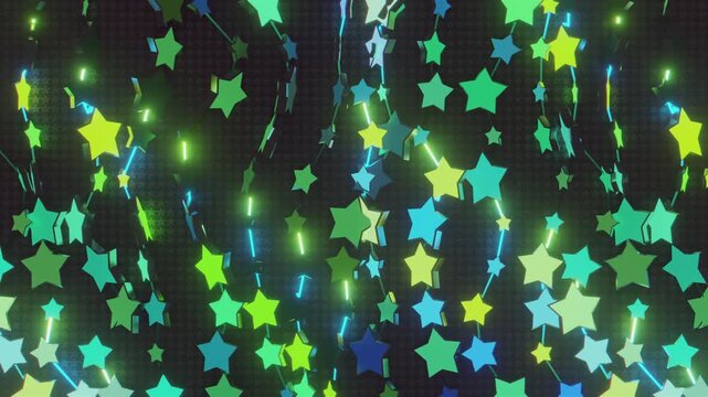 Futuristic abstract wall with glowing geometric stars. Seamless VJ loop of a rhythmic digital structure and pattern, creative motion background for electronic music festivals and stage displays.
