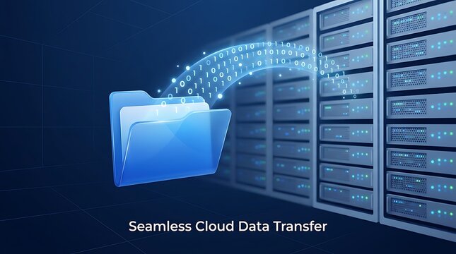 Digital folder with binary code data streaming into a server rack in a dark blue abstract technology background, for cloud computing concepts