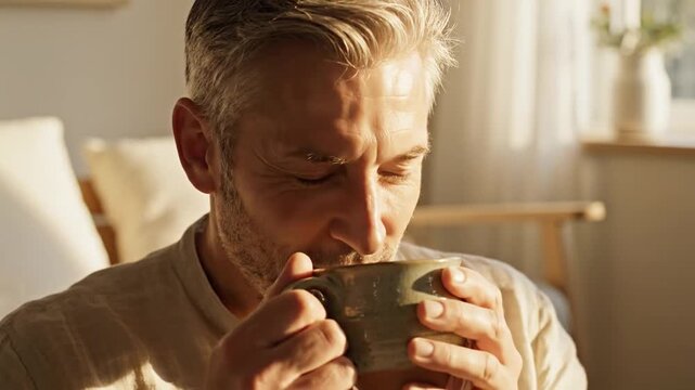 Man enjoying morning coffee in sunlit home