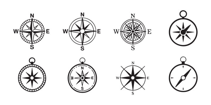 Set of eight black compass icons isolated on transparent background for map navigation and travel.