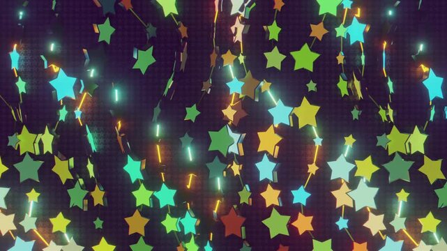 Futuristic abstract wall with glowing geometric stars. Seamless VJ loop of a rhythmic digital structure and pattern, creative motion background for electronic music festivals and stage displays.