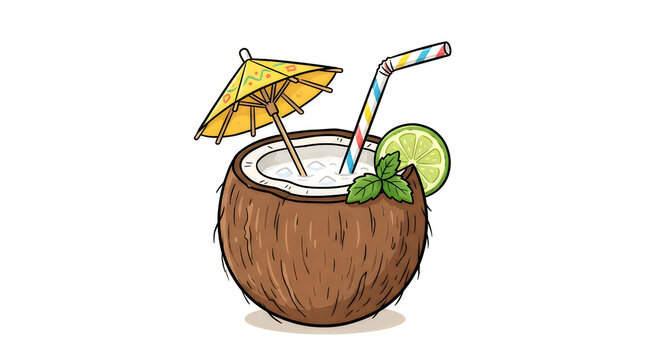Fresh coconut drink with umbrella and straw in cartoon style