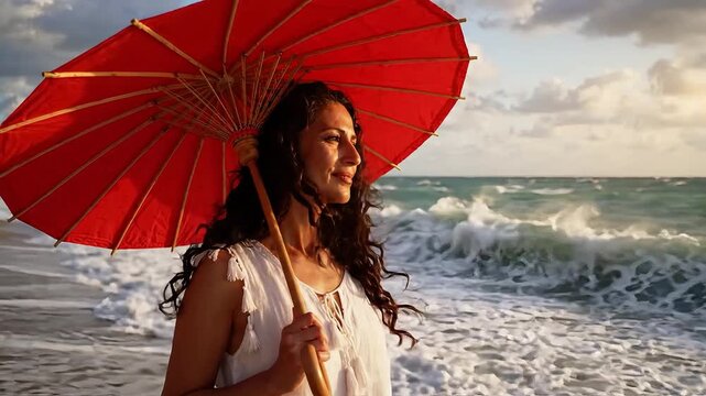 A woman with a red parasol stands by the ocean at sunset.