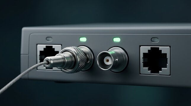 Electronic device interface with bnc connectors and ethernet ports featuring glowing green status lights on a dark gray metal housing