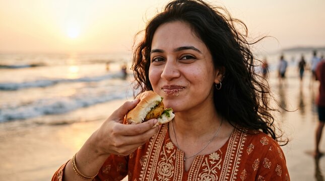 Happy woman relishing a spicy vada pav by the ocean at sunset. Warm golden lighting captures the delightful beachside snacking experience.