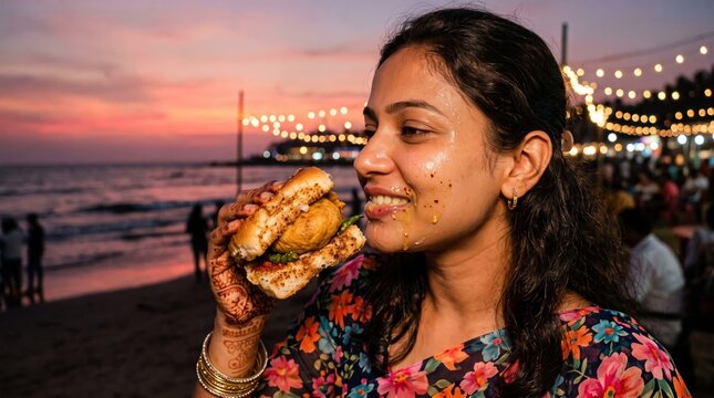 Close-up of a happy woman eating a spicy vada pav on the beach, illuminated by the warm glow of a beautiful golden sunset.