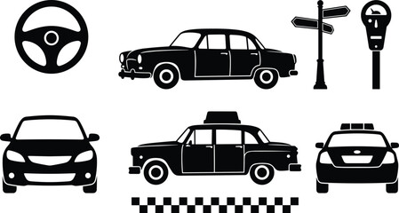 Obraz premium Vintage Urban Transportation and City Traffic Black Silhouette Icon Set with Classic Cars, Retro Taxi, Steering Wheel, Parking Meter, Signpost, and Police Vehicle