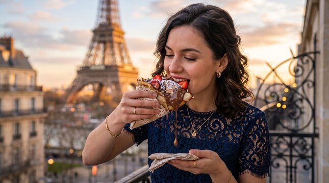Smiling beautiful woman eating a sweet chocolate strawberry crepe on a balcony in Paris. Stunning golden hour sunset view of the iconic Eiffel Tower behind her.