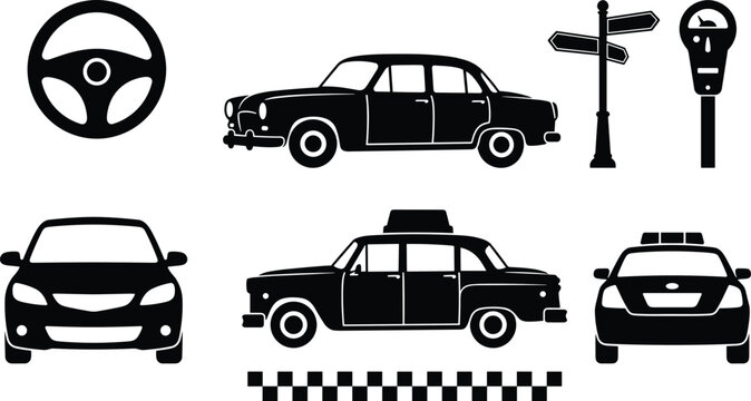 Vintage Urban Transportation and City Traffic Black Silhouette Icon Set with Classic Cars, Retro Taxi, Steering Wheel, Parking Meter, Signpost, and Police Vehicle