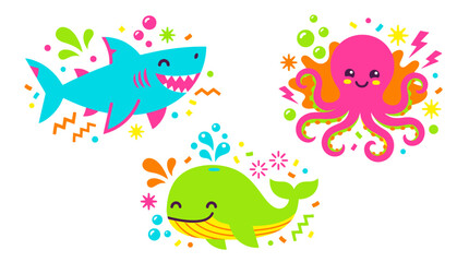Obraz premium Cute cartoon sea animals set with shark octopus and whale.