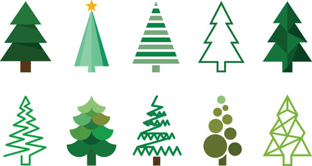 Fototapeta premium Minimalist Green Christmas Tree Vector Icon Set Featuring Abstract Geometric Flat Line Art and Low Poly Winter Pine Tree Designs for Holiday Branding