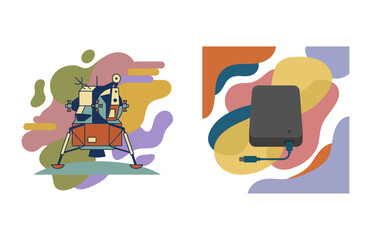 Retro Lunar Space Lander and External Storage Hard Drive Icons on Abstract Colorful Backgrounds © Astutike Studio