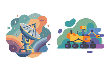 Fototapeta premium Flat Vector Icons Featuring A Space Satellite Dish And A Planetary Exploration Rover Vehicle