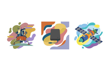 Modern Technology Symbols Set Featuring Space Exploration Gear and Portable Storage Hardware © Astutike Studio