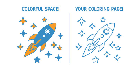 Space rocket and stars vector illustration with blue and orange coloring suitable for children s activities astronomy celestial coloring page communication constellation cosmic creative design drawing © Nasrin