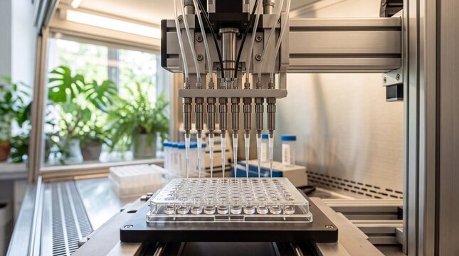 Automated liquid handling system, a high-throughput robotic pipetting machine for precise laboratory experiments. Modern scientific equipment for research and development, medical diagnostics