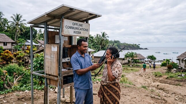 Remote island community communication hub, a man and woman using an offline communication kiosk, essential rural connectivity for remote villages, sustainable technology for developing regions.