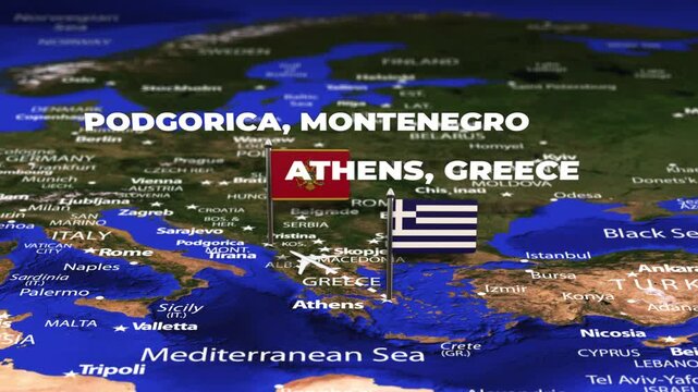 Flight From Athens GREECE to Podgorica MONTENEGRO with flag pins
