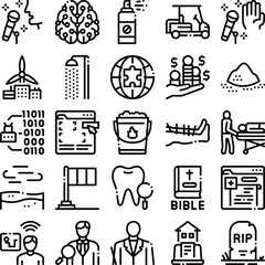 Fototapeta premium Black and white line icons presenting various concepts from technology, health, finance, environment, and daily life, arranged in a grid for clear visual communication