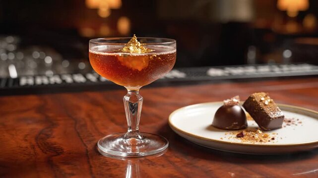 Smoky cocktail with gold leaf and chocolate desserts on bar
